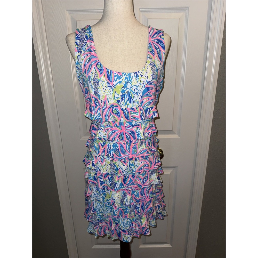 Lulu B Cha Cha Resort Wear Dress Colorful Tiered Ruffle Sleeveless UPF 50+ Med